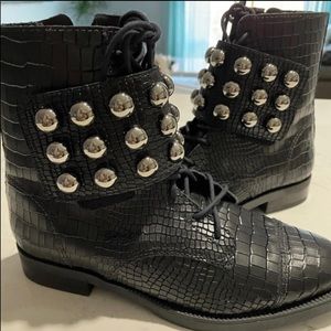 SCHUTZ Marieta Black Croc Embossed Leather Studded Moto Ankle Boots Size 8